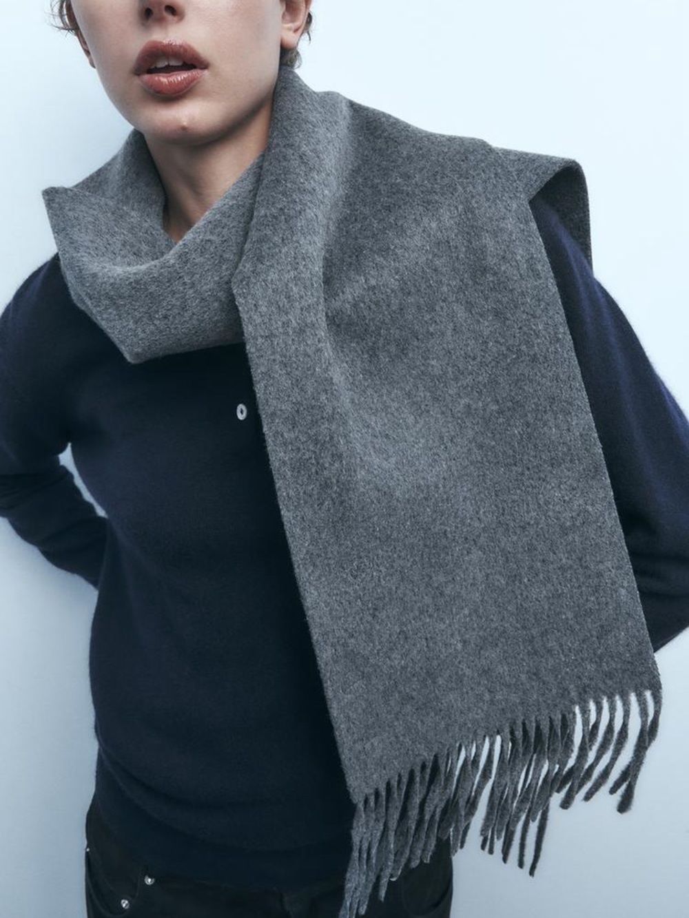 ZARA 100% Wool Fringed Scarf - Dark Gray